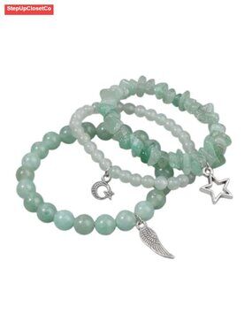 Handcrafted Crystal Chip Stone Stretch Bracelet Set with Moon Star Wing Charms